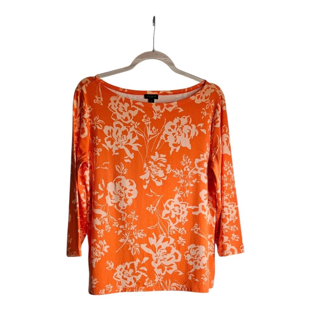 Ann Taylor Factory Womens Size M Top Orange Floral Stretch 3/4 Sleeve Pullover